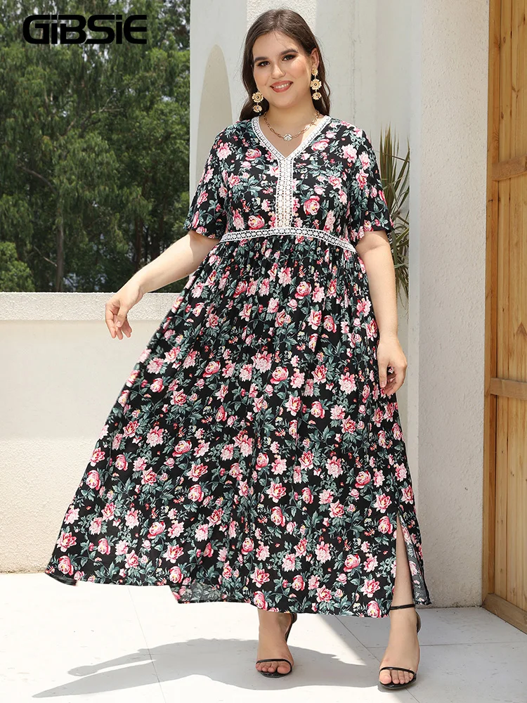 GIBSIE Plus Size Floral Print Boho Loose Beach Dress Women Summer Contrast Lace V Neck Short Sleeve Holiday Split Maxi Dresses