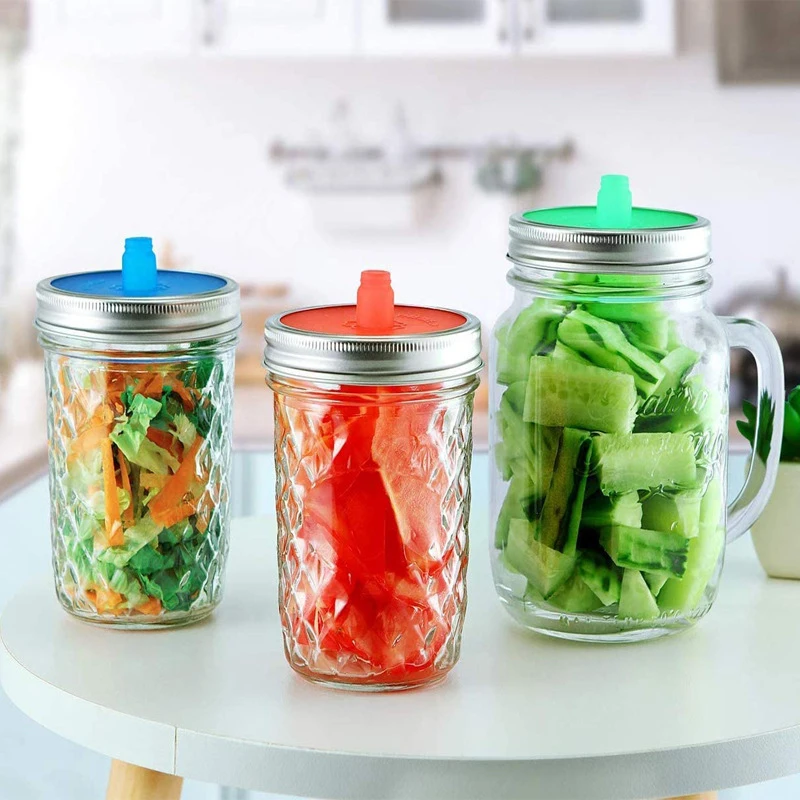 Silicone Waterless Fermenting Airlock Lids Covers Stainless Steel Band For Wide Mouth Mason Jar Sealed Lid Kitchen Supplies