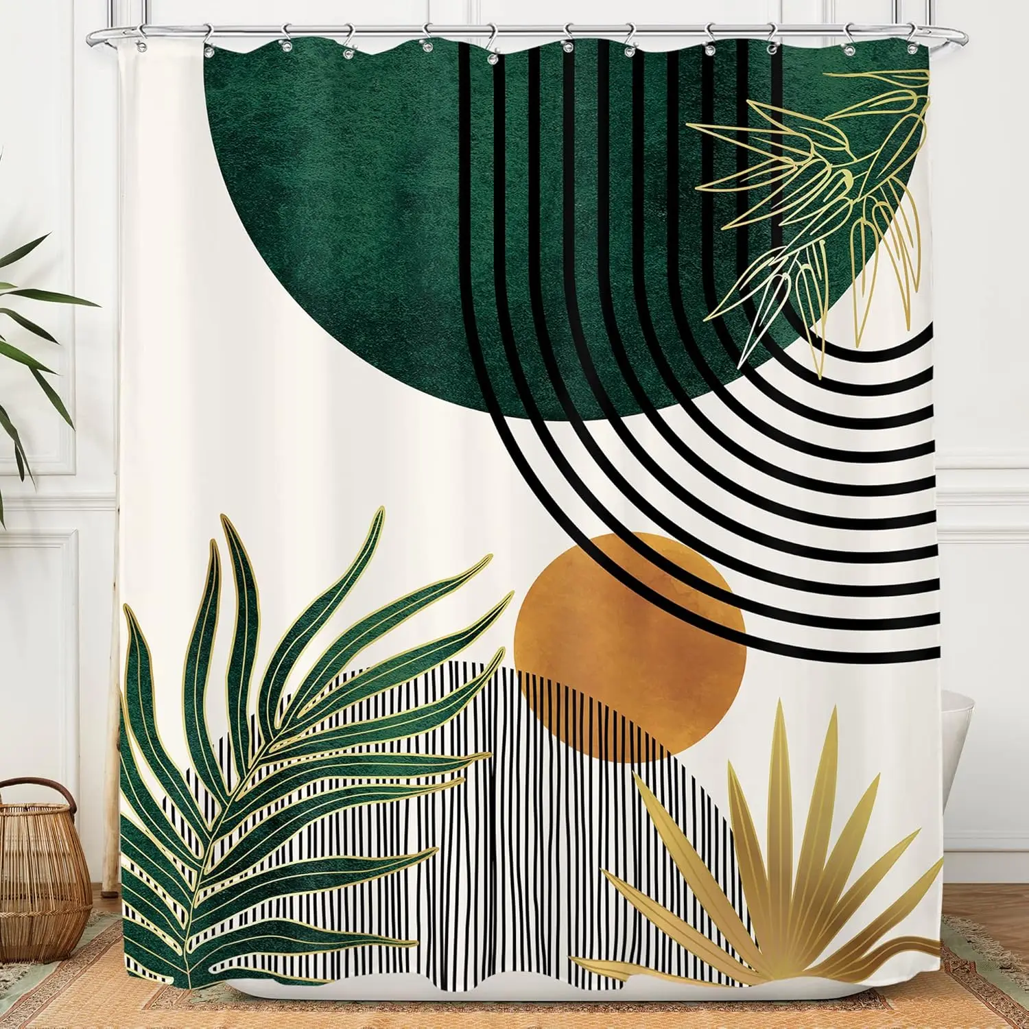 

Boho Green Leaf Shower Curtain with Arch Sun Design, Waterproof Polyester Fabric for Bathroom, 60x72 Inches with 12 Hooks