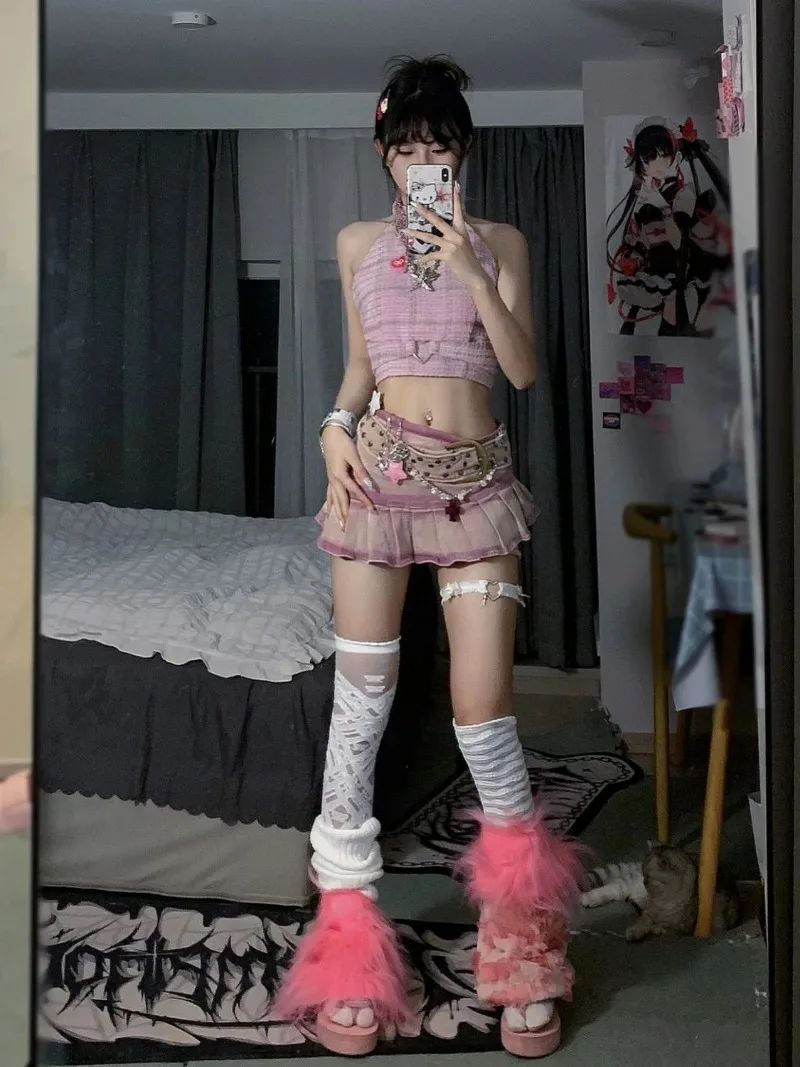 Faldas de diseño pesado teñido anudado estético Y2k de verano, falda Punk con diseño de cinturón Harajuku de fondo corto Popular sexi de calle americana