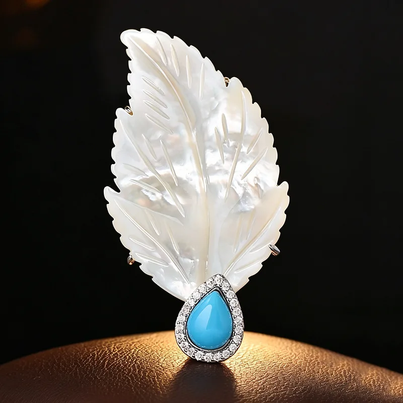Natural White Shell Carved Leaf Brooch Water Drop Imitation Turquoise Pins Literary and Elegant Daily Matching Corsage Wholesale