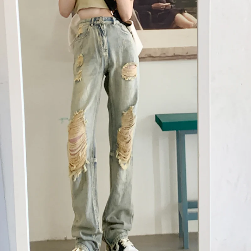 

Women' Bottoms Vintage Blue Hole High Waist Jeans Casual Straight Wide Leg Pants High Street Baggy Mopping Denim Trouser Ladies