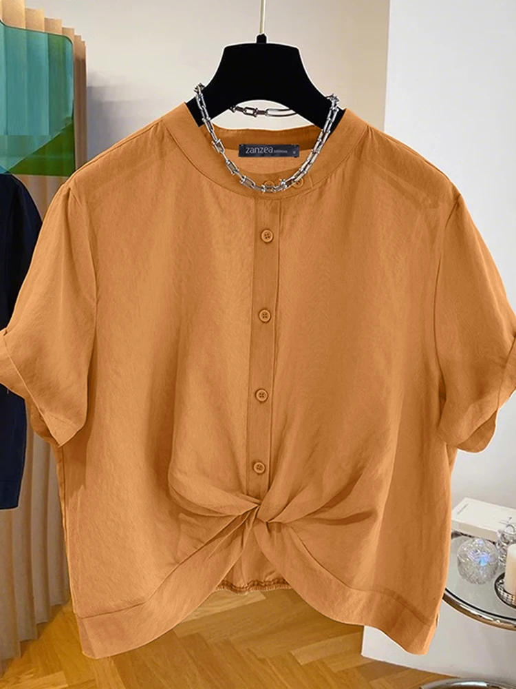ZANZEA Damska Moda Skręcone Koszule Krótki Rękaw Bluzka 2025 Lato Casual Jednolity Kolor Tuniki Guziki Eleganckie Bluzki Damskie