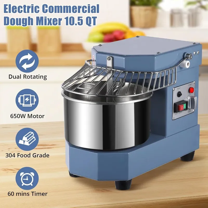 Commercial Dough Mixer 10.5 QT 650W Dual Rotating Dough Kneading Machine with Food-Grade Stainless Steel Bowl Security Shield