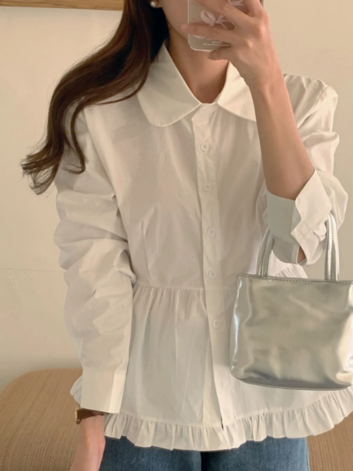 

Sweet Fene White irt Women's Slim Fit Waist Cinched Doll Collar Korean Sle Spring New Arrival Button Detail Long Sve