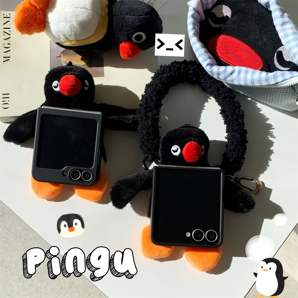 

Kawaii furry penguin warm phone case for Samsung Galaxy ZFlip 7 ZFlip 6 Flip5 6 7 cover plush fluffy cute funda protective cases