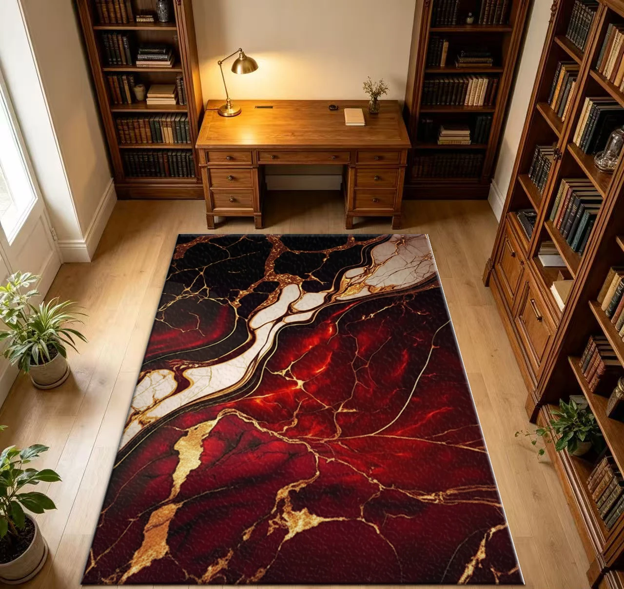 Luxury Red Black Gold Marble Carpet Flooring Abstract Fluid Art Area Rug Non‑Slip Floor Mat for Home Living Room