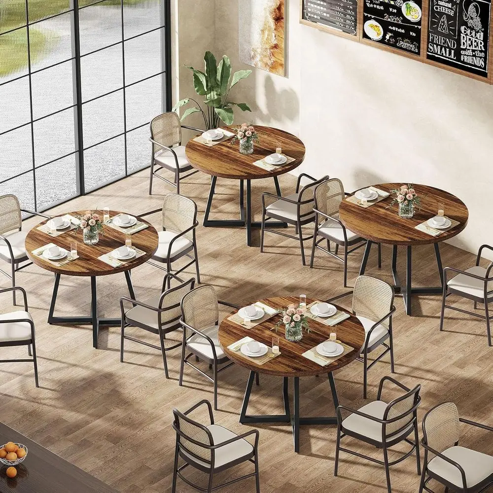 

Heavy-Duty 4-Seat Dining Table Set, 31.5 Rustic Brown & Black Wooden Table with Metal Base for Kitchen, Cafe, Bakery, Bar