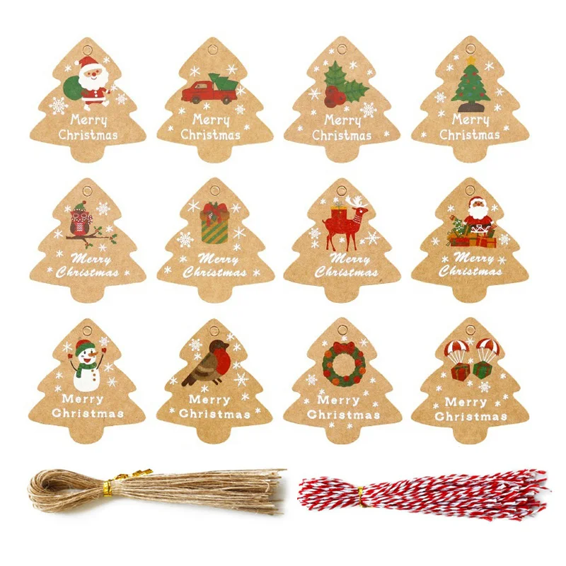 48 szt. Tagi choinka torby na prezenty wiszące zawieszka z papieru pakowego Retro boże narodzenie słodycze ciasteczka opakowania Noel dekoracja świąteczna
