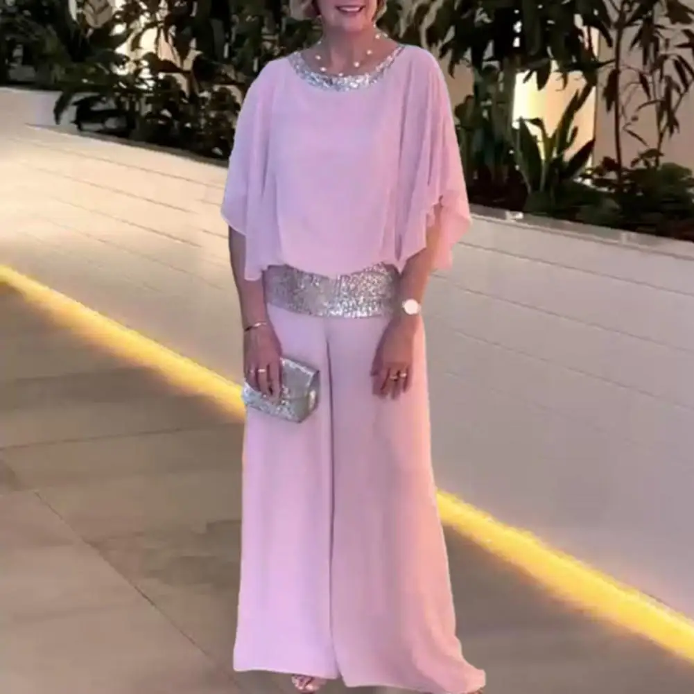 Conjunto de roupas femininas Glitter Patchwork Chiffon, tops casuais com o pescoço, manga Batwing, calças de perna larga, 2 peças