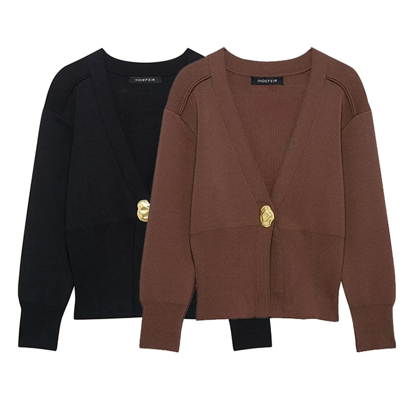 

Willshela женский модный однотонный вязаный свитер на одной пуговице винтажный с v-образным вырезом и длинными рукавами женские шикарные женские наряды