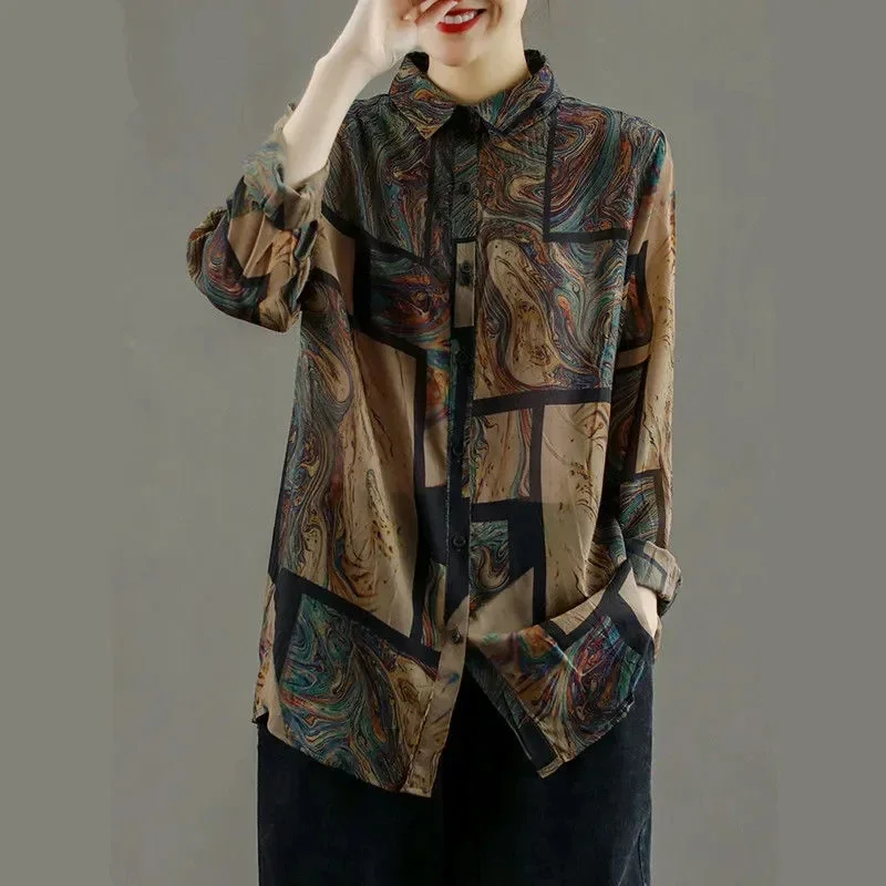 MEXZT 4Xl Vintage Harajuku Shirts Women Print Long Sleeve Loose Blouses Retro Elegant Female Oversized Casual All Match Tops New