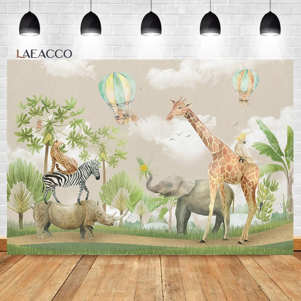 

Laeacco African Animals Birthday Background Hot Air Balloon Forest Safari Party Baby Portrait Customized Photography Backdrop