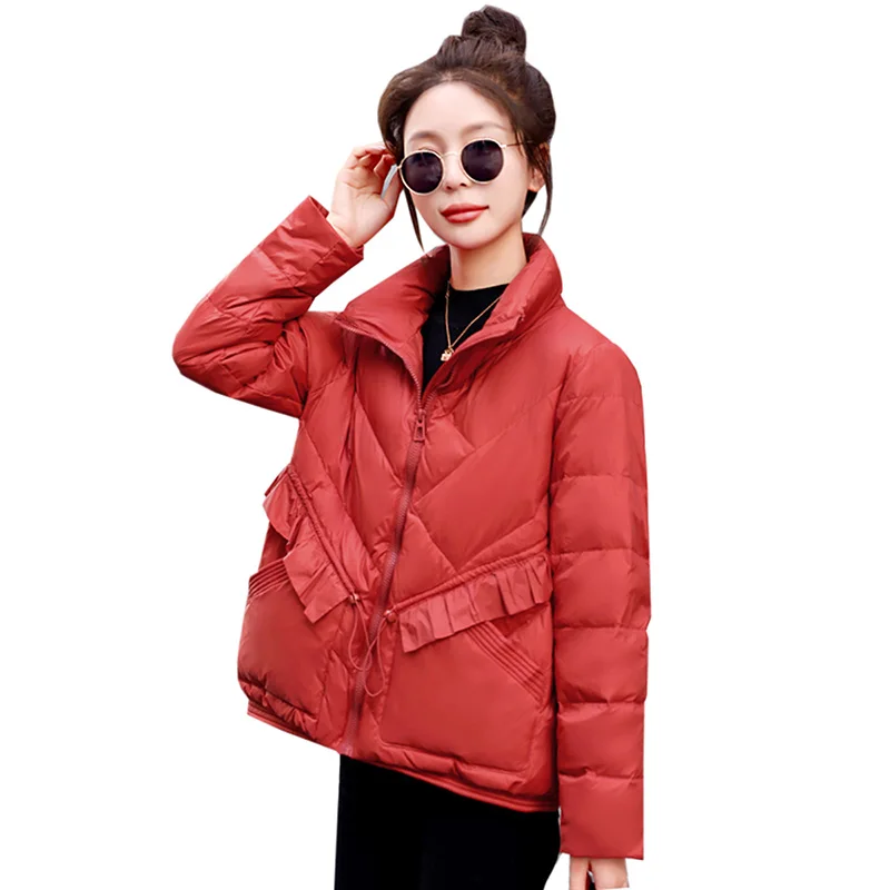 Chaqueta de plumón de color negro para mujer, abrigo informal de manga larga con cuello levantado, rompevientos, novedad de invierno, 2023