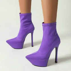 2022 Female Ankle Boots Platform Thin High Heel Ladies Short Boots Elastic Fabric Pointed Toe Slip on Dress Women's Shoes Purple