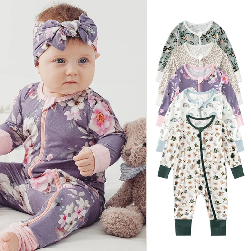 Newborn Bamboo Fiber Soft Jumpsuit Long Sleeve Flower Print Baby Boys Girls Rompers Kids Clothes Climb Suits Zipper Sleepwear