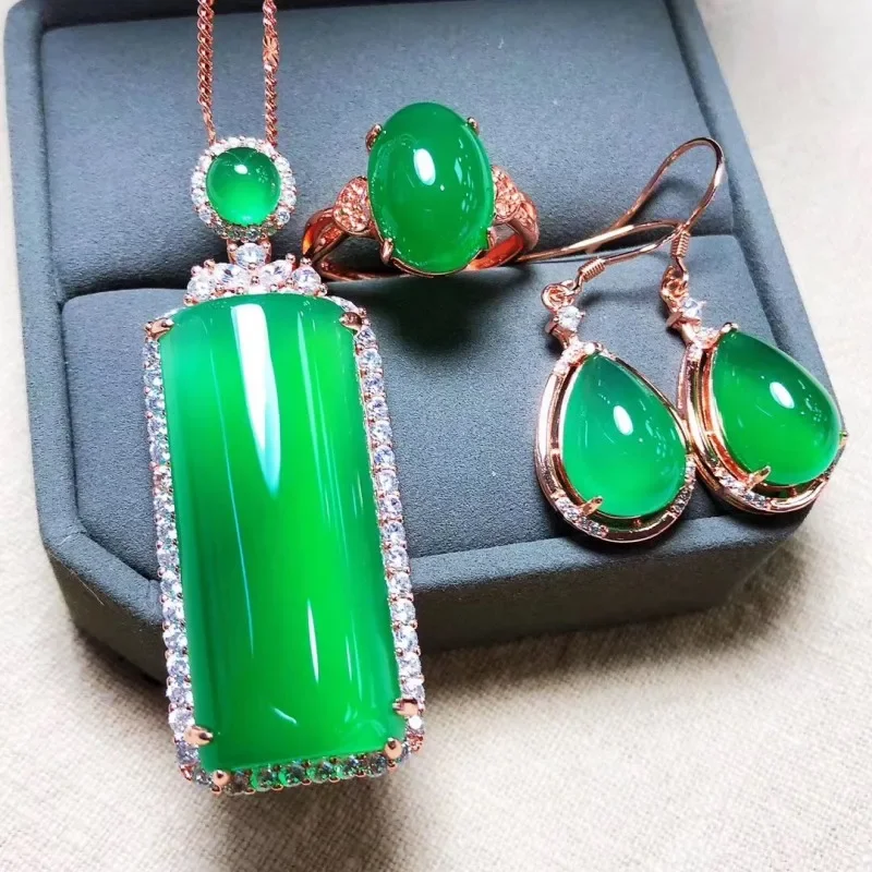 

Natural chrysoprase inlaid with 925 silver pendant earrings ring set jewelry