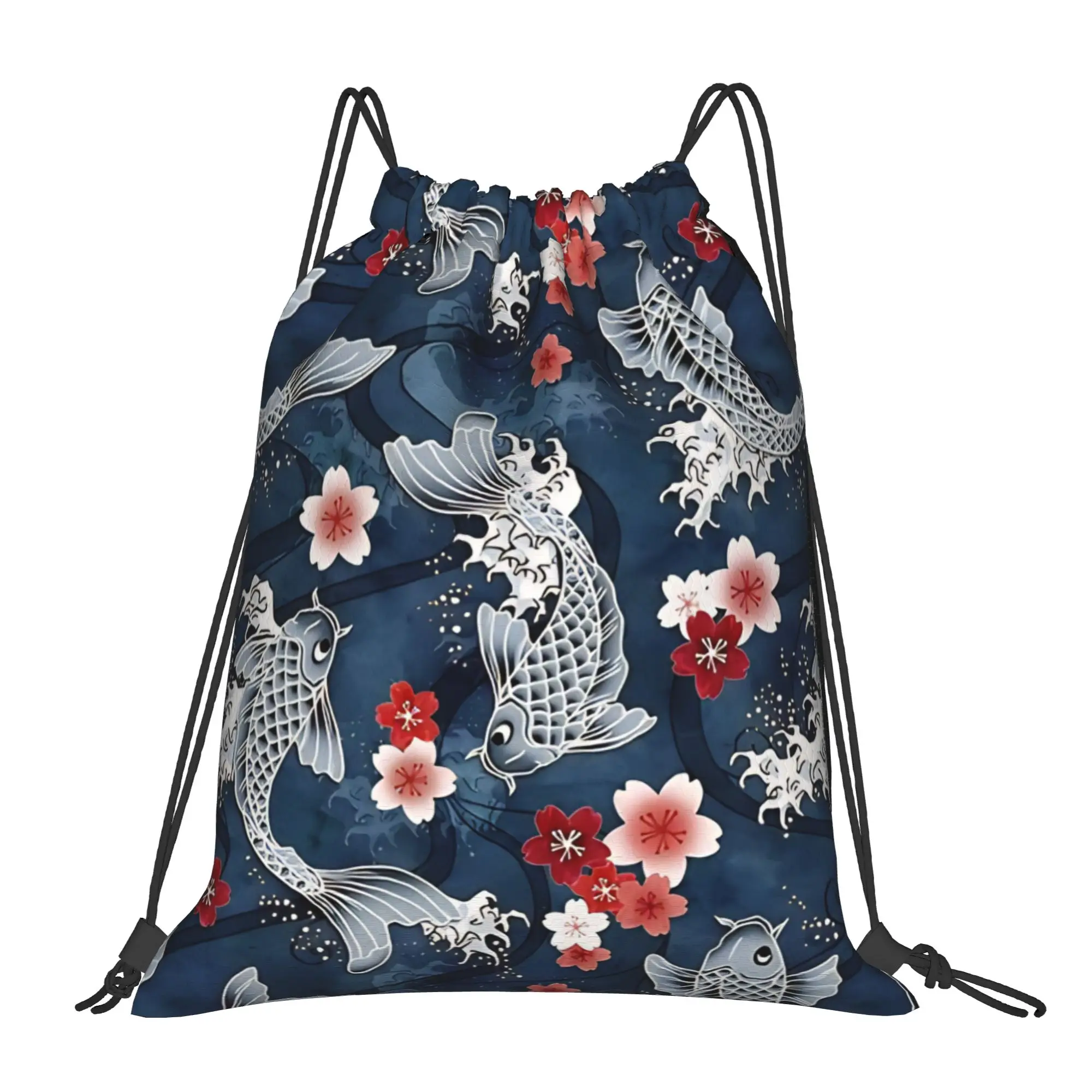 Floral Koi sakura blossom in blue Portable Sports Riding Gym Drawstring Storage Sporty Backpacks