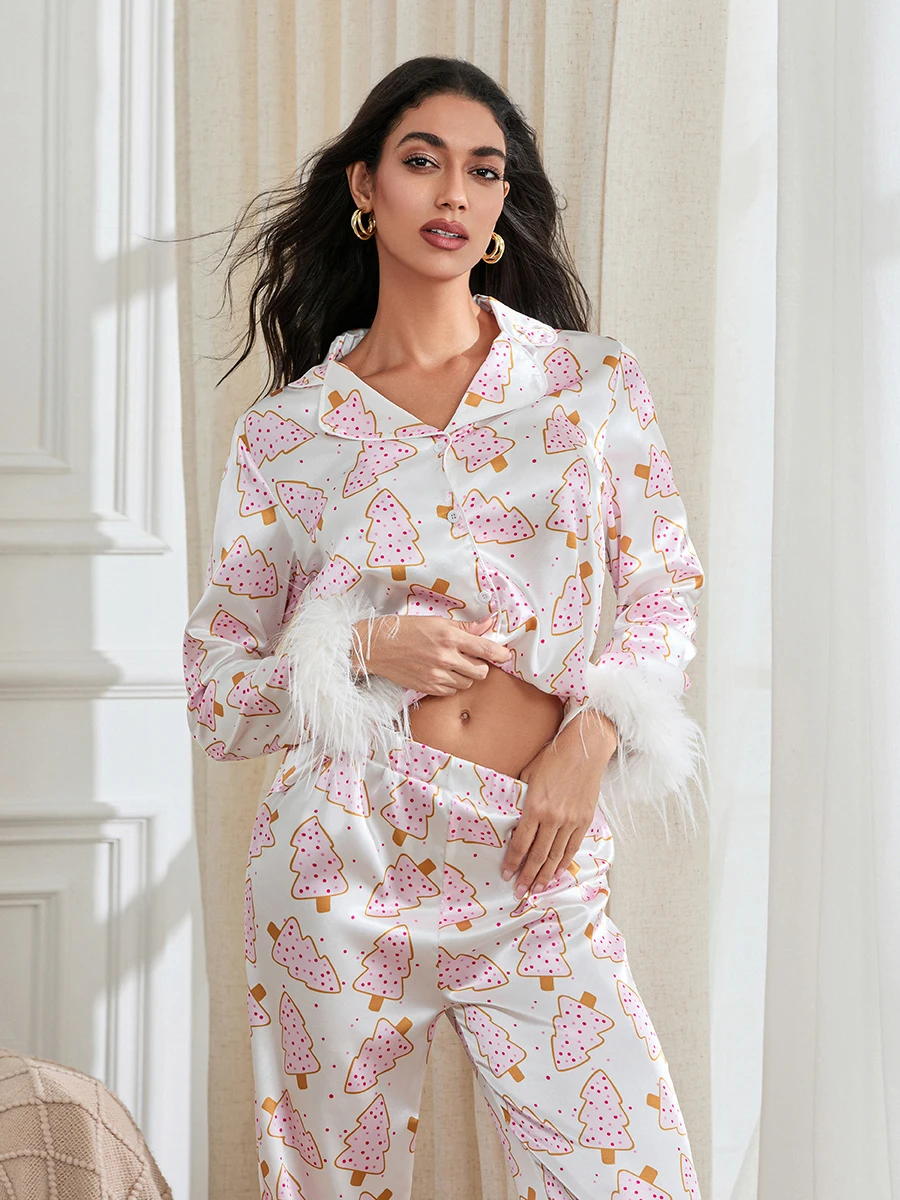 Women Cute Christmas Pajamas Santa Tree Boots Print Satin Lounge Set Feathers Trim Long Sleeve Tops and Pants Pjs Suit 2024 Fall