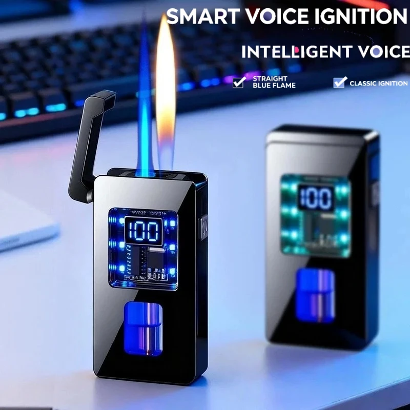 Smart Voice Control Dual Flame Lighter Refillable Windproof Jet Soft Flame Lighter Transparent Gas Tank Digital Display Lighter