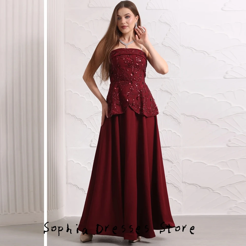 Hoge kwaliteit A-lijn bordeaux jersey strapless avondjurk op maat gemaakte gelegenheidsjurken eenvoudige mouwloze Saoedi-galajurk