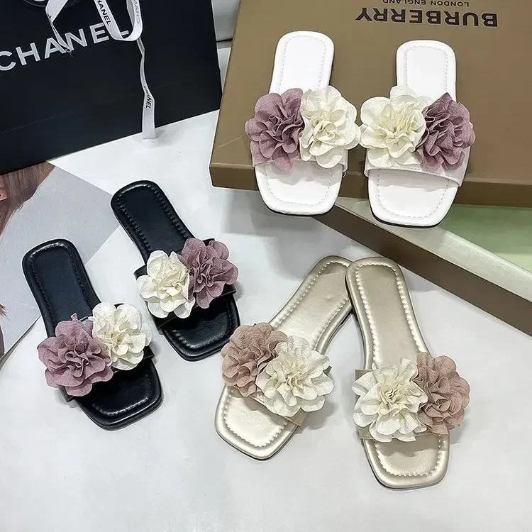 Shoes for Women 2024 Summer New Fashion Elegant Flat Slippers Female Flower Luxury Designer Open Toed Slippers Women