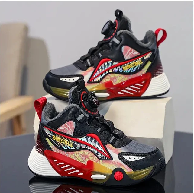 Зимние детские ботинки для мальчиков, школьные модные кроссовки для девочек, спортивная обувь с поворотной пряжкой, детские теплые плюшевые повседневные кроссовки, уличная обувь