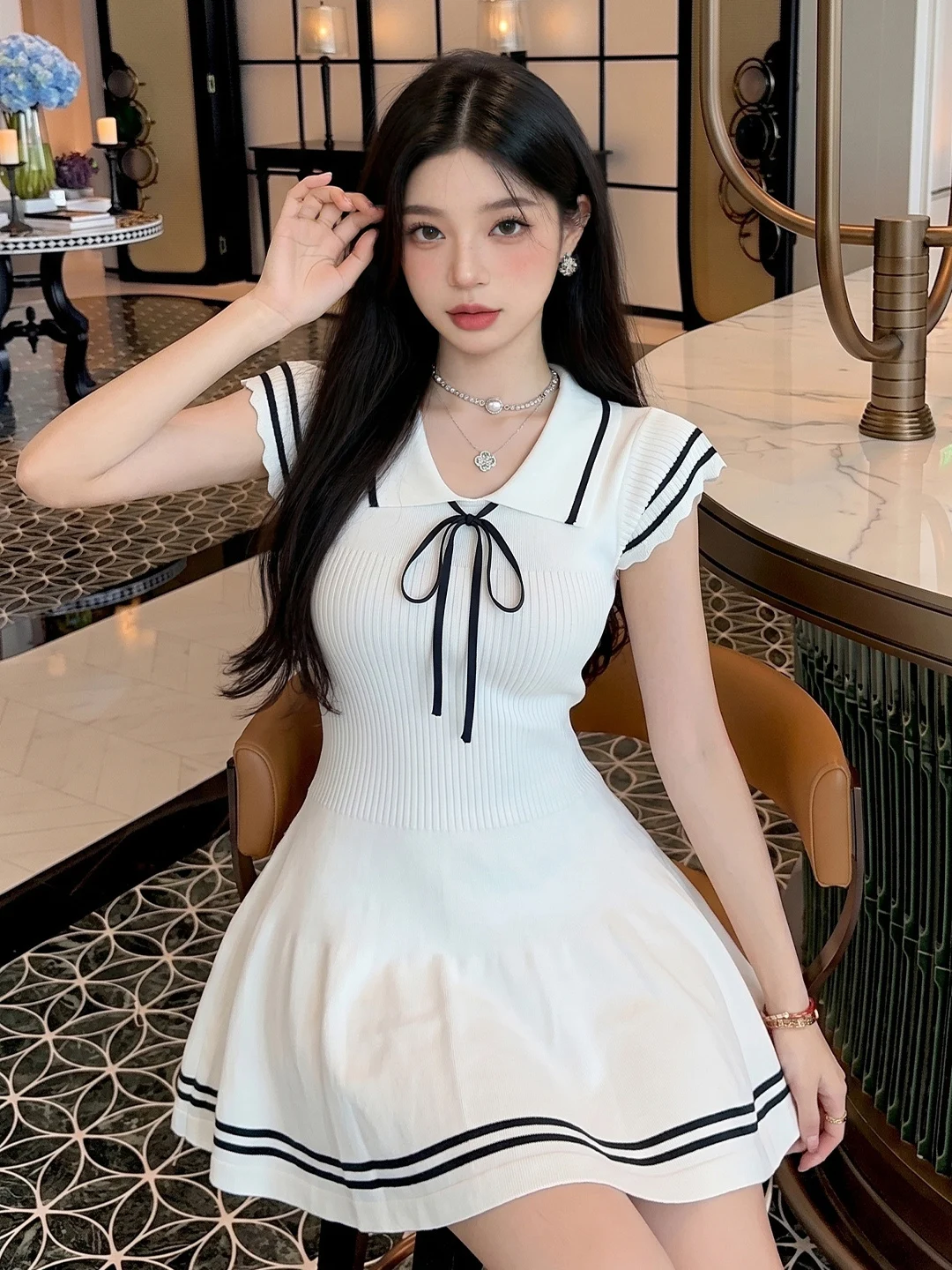 

Sweet Style Neck Knitted Dress Women Summer Waist Cinched Bow Tie Fly Sleeve White Dress High Waist Short Sleeve A-Line ...
