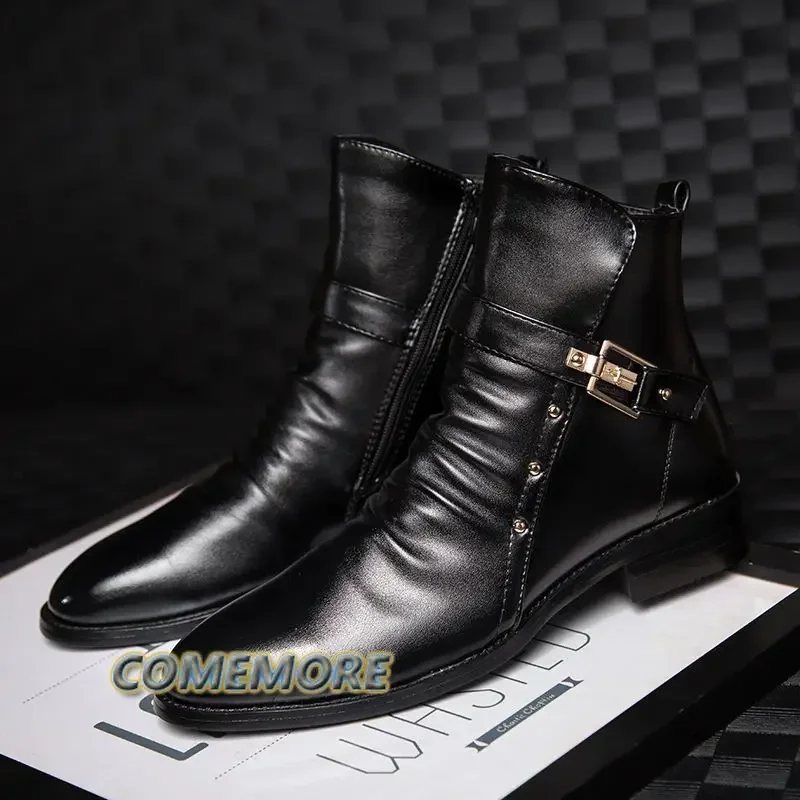 2023 Men\'s Leather Boots Pointed Fashion British High Quality High Top PU Business Shoes Casual Autumn Winter Male Boots Black