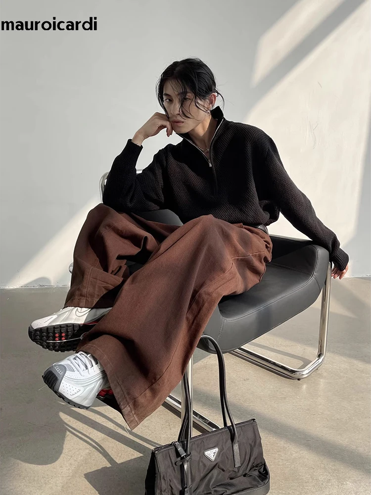 Mauroicardi Autumn Grey Flowy Baggy Wide Leg Pants for Mens Floor Length Fashion Clothing Loose Casual Dark Brown Trousers 2023