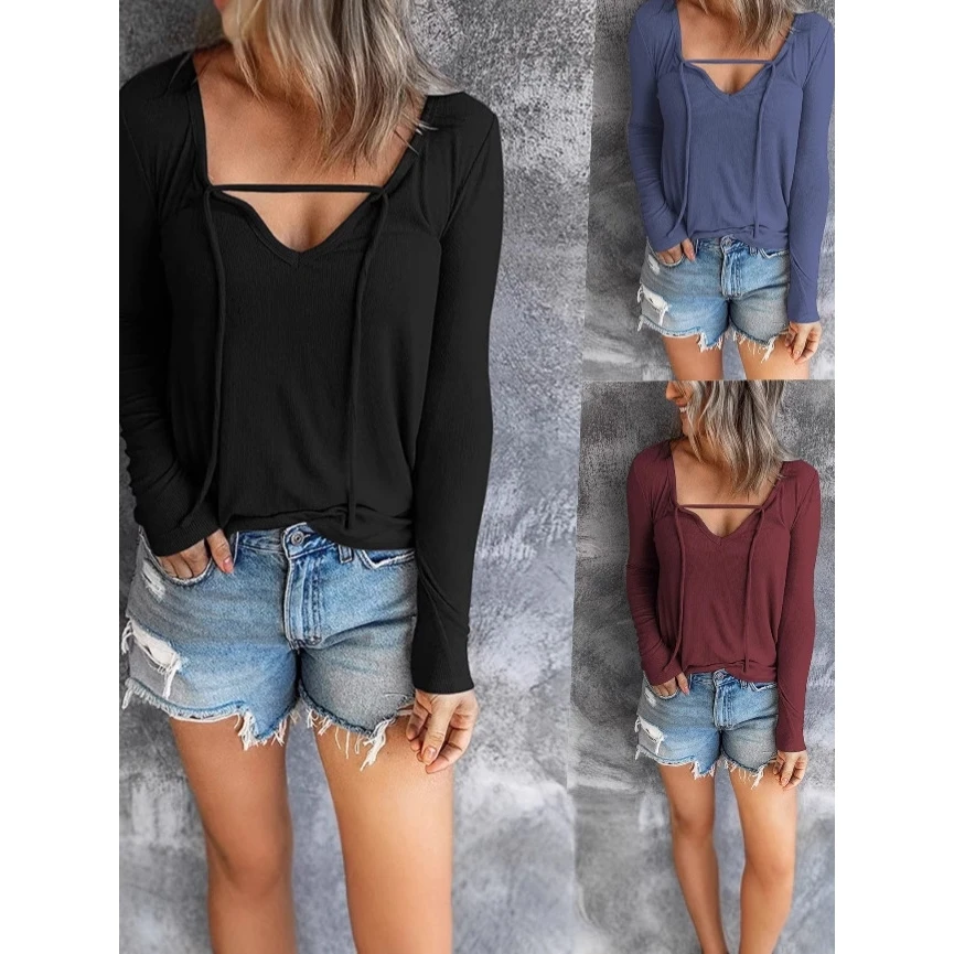 

Casual Long Sve V-ne T-irt Women's Comfortable Breathable Polyester Mid-length Commute Sle Basic Color