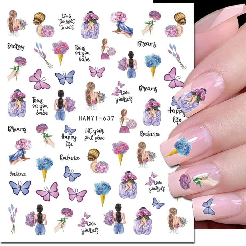 3d Nail Art Decals Valentine Girls Letters Butterflys Lavender Hydrangea Flowers Adhesive Sliders Nail Stickers For Manicure