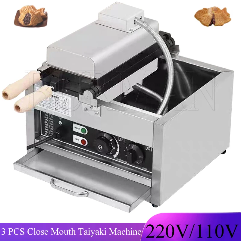 Commercial 3 PCS ไฟฟ้าปิดปากไอศกรีมเครื่อง Taiyaki ปลารูปร่างเครื่องทําวาฟเฟิลเครื่องเค้กเตาอบ 220V 110V