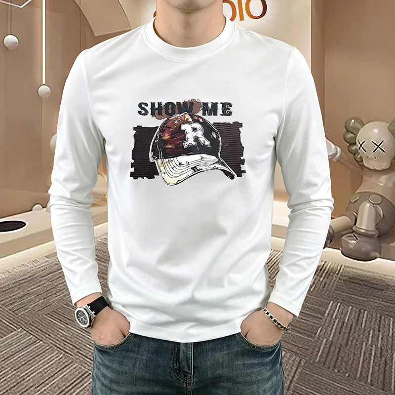 Men Crew Neck Long Sleeve T Shirt Spring Autumn Vintage Baseball Cap Letter Print Casual Sports Versatile Comfort Pullover