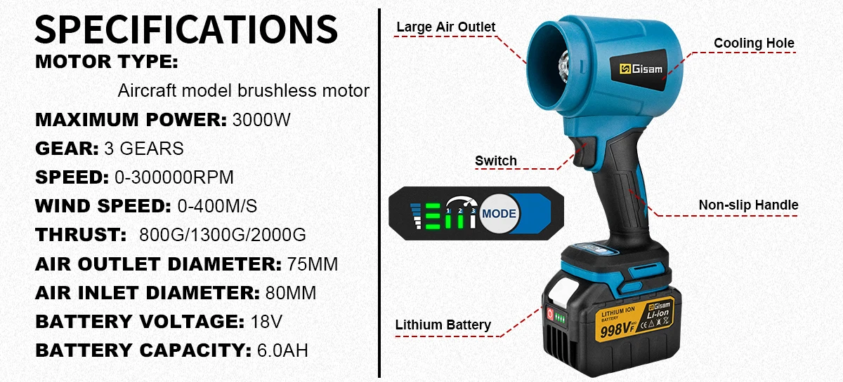 G nto 3000 W Bürstenlosen Elektrischen Turbo Gebläse Jet Fan 400 M/S 300000 RPM Handheld Blatt Staub Blasen Werkzeug für Makita 18 V Batterie Pin – Detail 5