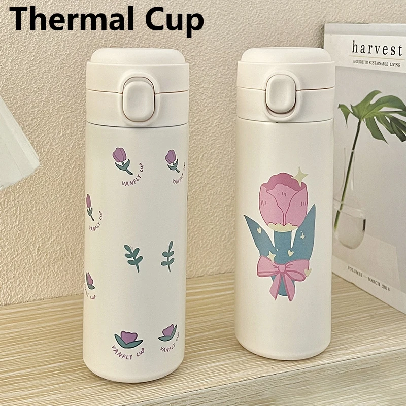 500ml Stainless Steel Thermal Cup Bouncing Cover Cute Flower Style Milk Tea Coffee Mug Leak-Proof Mug Travel Water Bottle