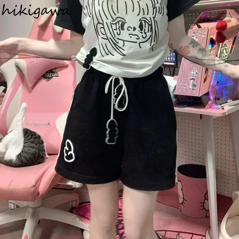 Japanische Frauen Shorts süße Katze drucken Baumwolle Kordel zug Hosen 2024 neue Hosen lässig Mode Sommer Pantalones Cortos de Mujer