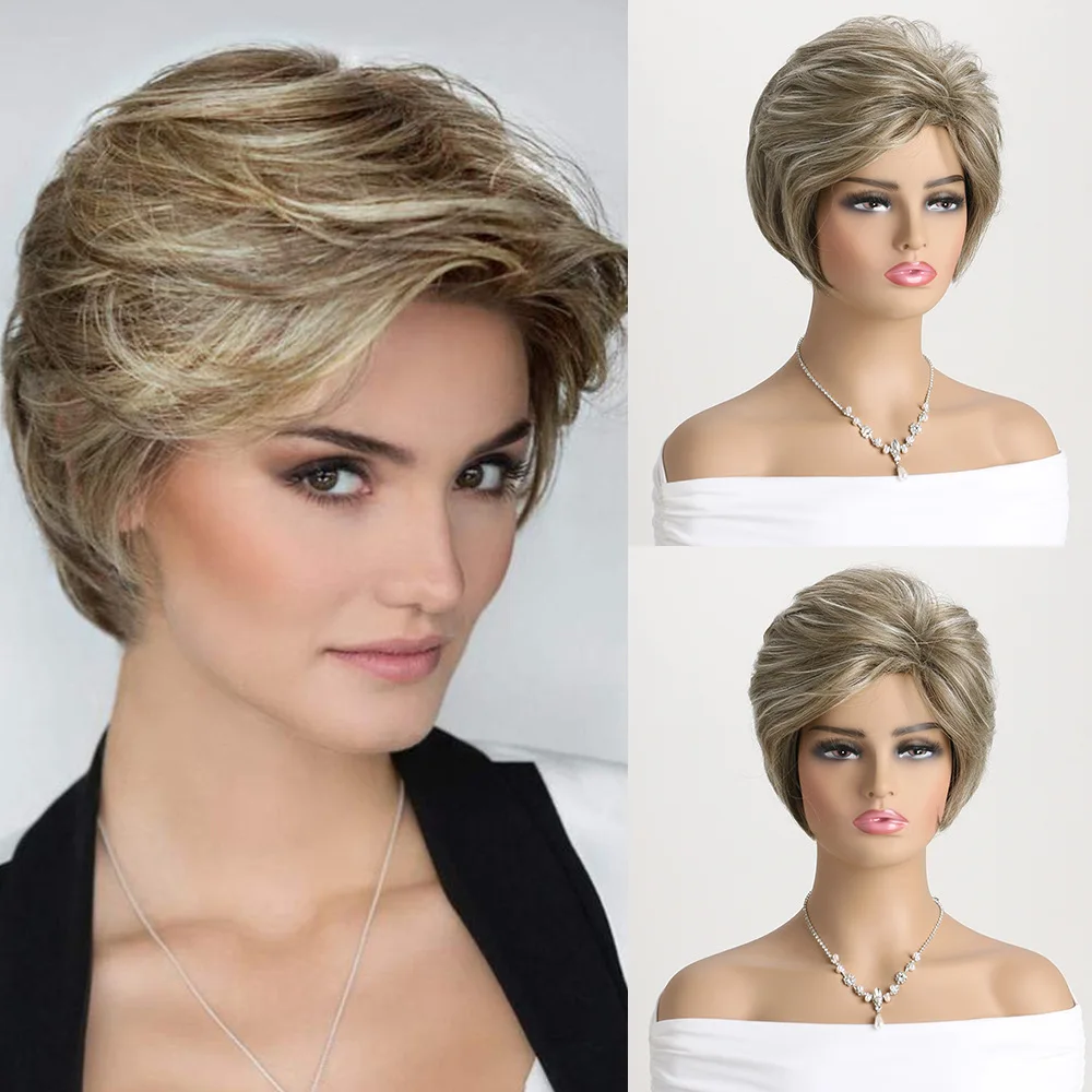 Short Mixed Blonde Synthetic Wig for Women Cosplay Hair Mixed Color Chemical Fiber Headgear