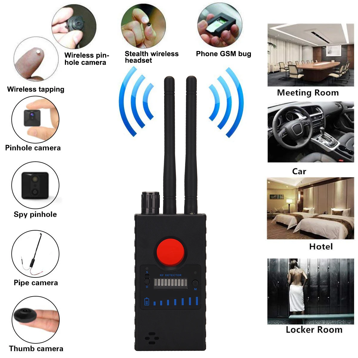 

Anti Candid Hidden Camera Detector RF Signal Secret GPS Audio GSM Mobile Phone Wifi Pinhole Cam Spy Bug Finder Infrared Scanner