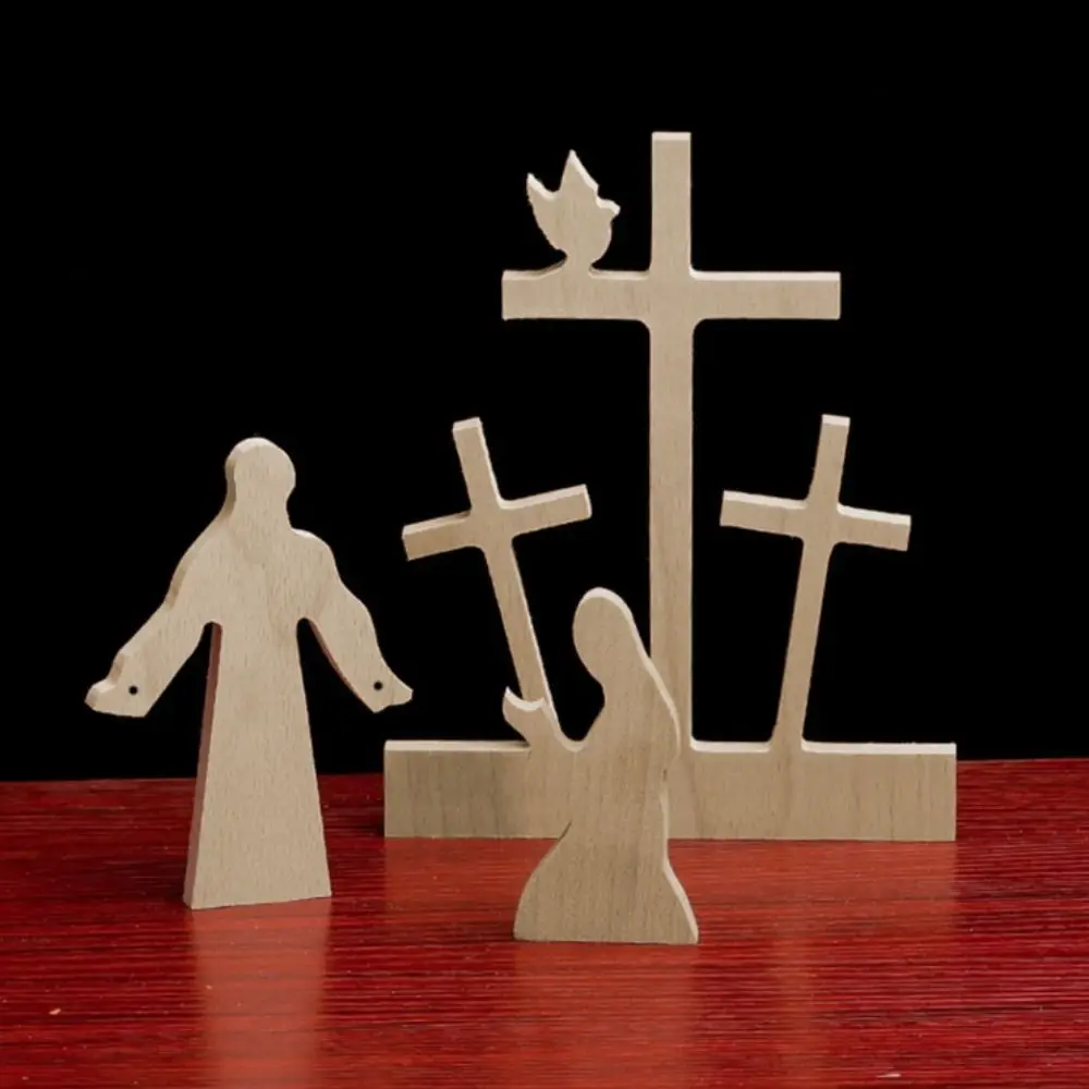 Solid Wood Jesus Resurrection Scene Ornaments with Cross Handmade Tabletop Risen Christ Figurine Simple Style