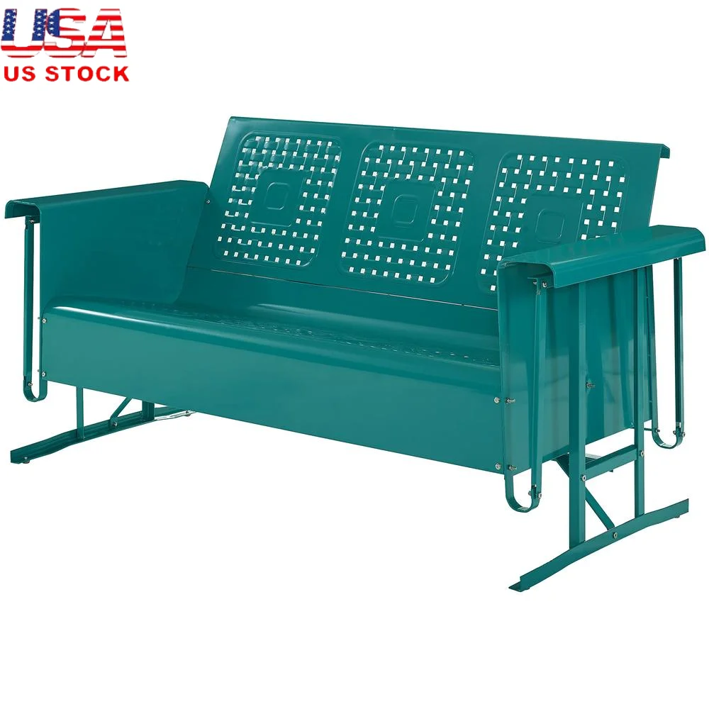 

Vintage Metal 3-Person Glider Sofa Outdoor Rocking Bench Sturdy Steel Weather-Resistant Powder-Coated Design Back Seat Air Flow