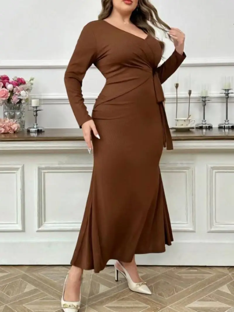 Coffee Plus Size Basic Wear Casaul Dress Women's Fashion French Style Design Side Lace-Up V Neck Bandage Long Sleeve Maxi Dress