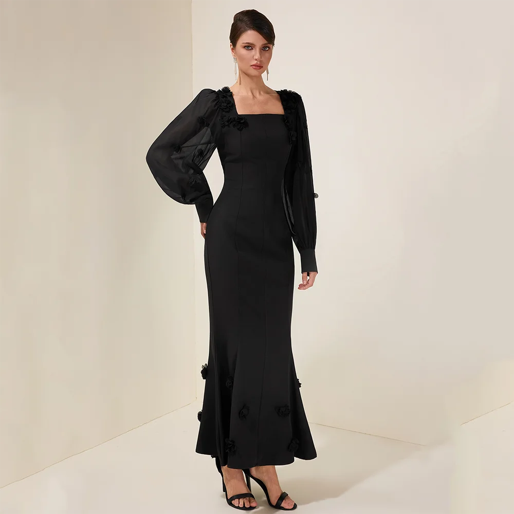 

Customized Black Square Neck Long Evening Dresses Elegant Formal Occasion Prom Gowns Flowers Ankle Length Prom Dresses