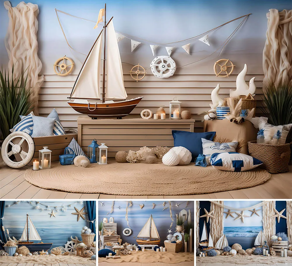 

Mehofond Sailor Navigation Rudder Backdrop Blue Baby Kids Birthday Starfish Pirate Party Decor Photography Background Photozone