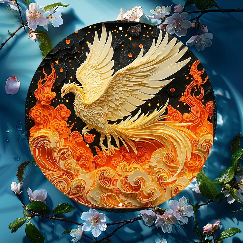 

Round Aluminum Metal Wall Art with Mythical Firebird Design, Waterproof, HD Print, Indoor Decor for Coffee Shop, or Home