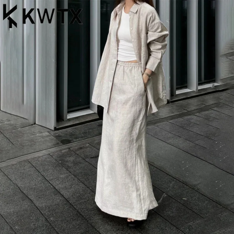 

KWTX Linen Shirt & Elastic Waist Skirt Two Piece Set 2025 SS Women’s Outfit Elegant Designer Midi with Pockets Premium Chic