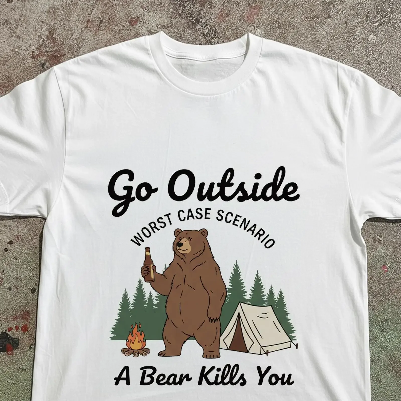 Funny Camping Bear T Shirt Go Outside Worst Case Scenario vintage Washed homme fashion Top For Everyday Wear Casual Unisex
