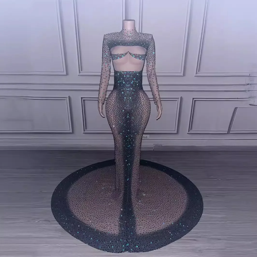 Sparkly Rhinestone Dress Sexy Luxury Heavy Advanced Design Diamond Evening Gown Compere Costume Elegant Party Celebrate Dress