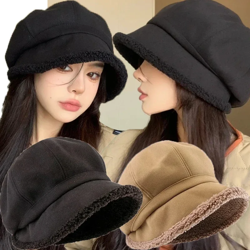 

Winter Beret Hats Women Retro Solid Color Velvet Octagonal Hats Thicken Warm Velvet Lamb Hair Caps Outdoor Windproof Plush Hats