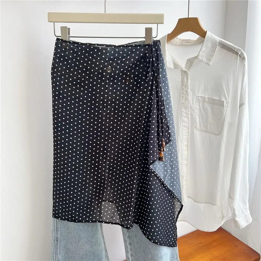 

Юбка миди с высокой талией, кружевом и асимметричным разрезом, прозрачная, в горошек, в стиле Y2K, уличная мода, Харадзюку